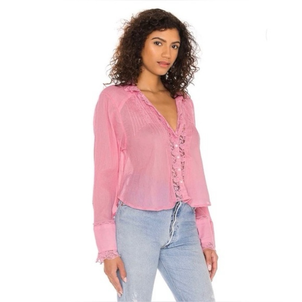 NEW FREE PEOPLE Pink Lace trim Clemence Pleat Button Down Blouse